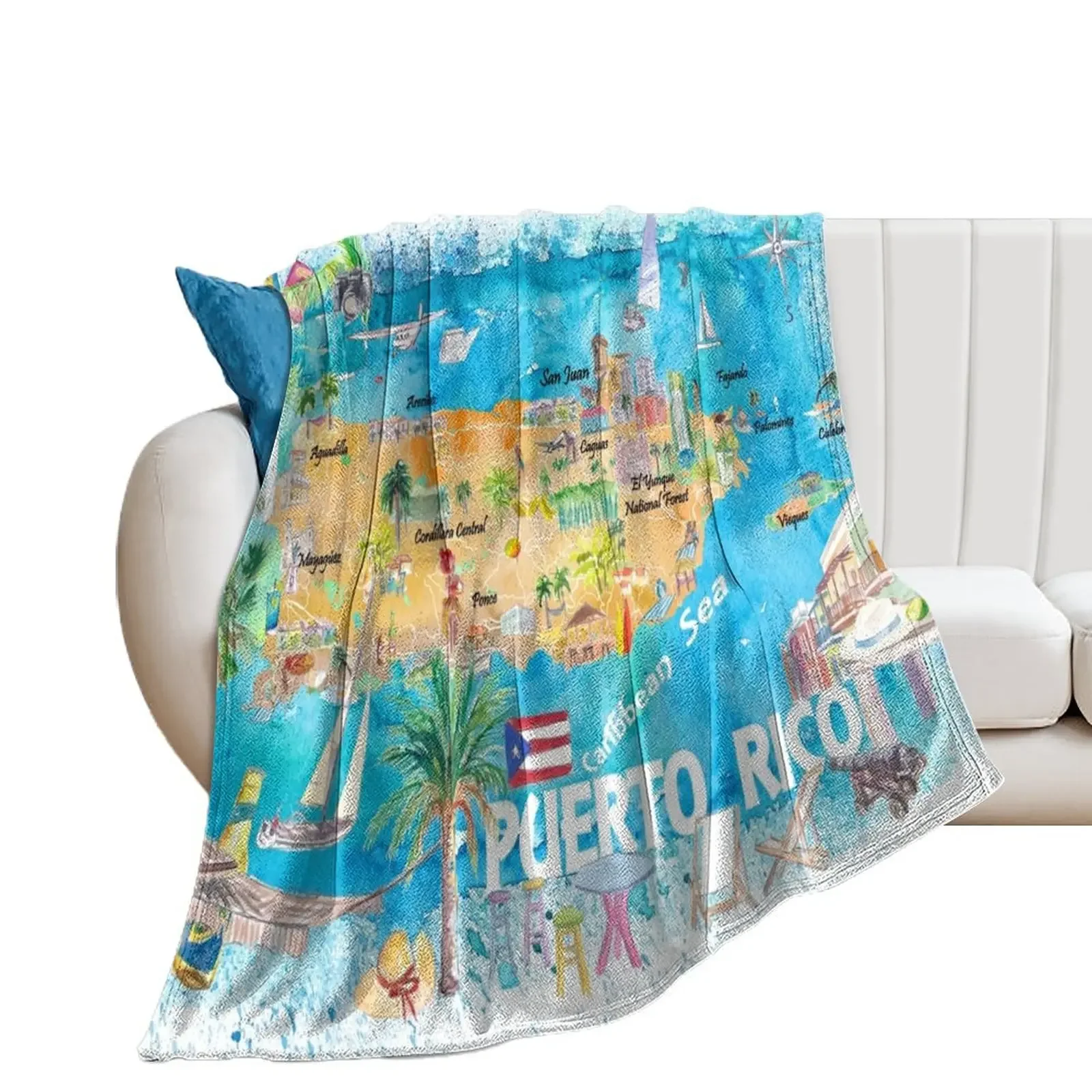 Puerto Rico Islands Illustrated Travel Map with Roads and Highlights Throw Blanket For Sofa Thin Luxury Designer Shaggy Blankets