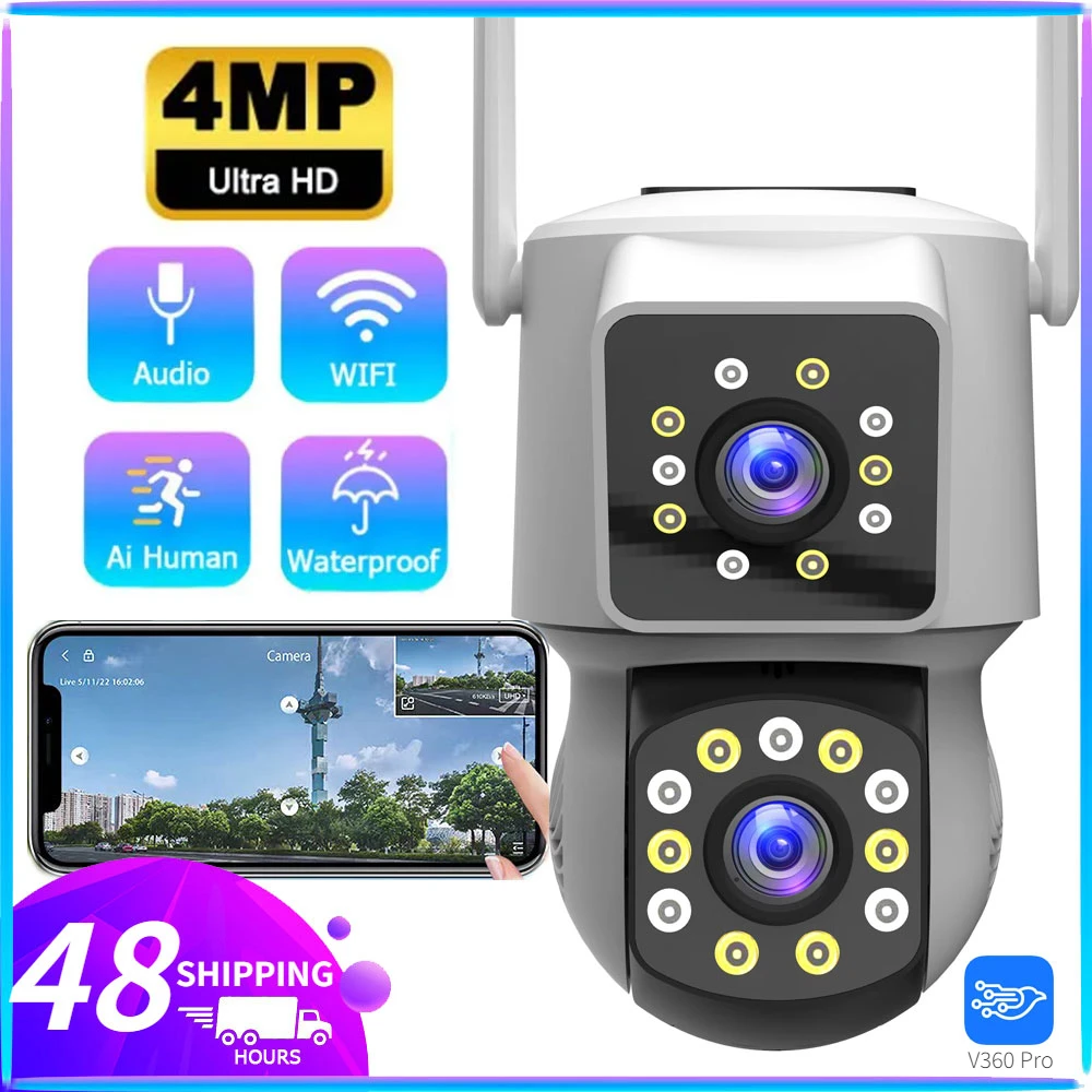 4MP IP Camera PTZ Outdoor Dual Screens Human Detection CCTV Wifi Surveillance Camera 4MP Security Protection V360 Pro App