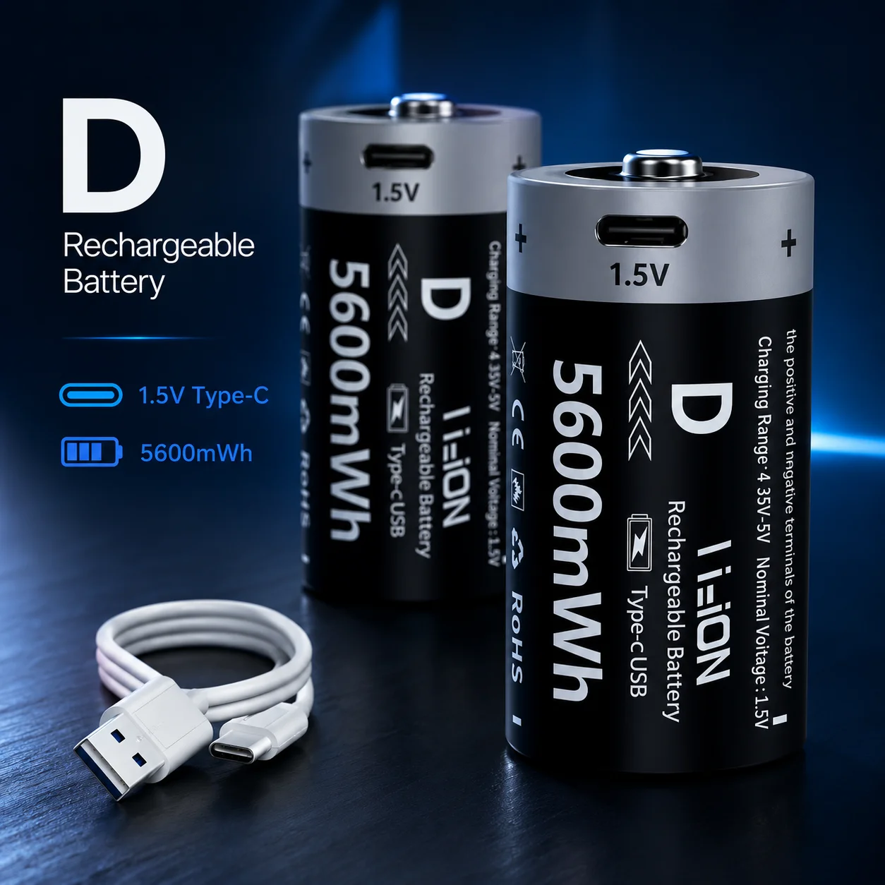 

1.5V D Size LR20 Lithium-ion Rechargeable Battery 5600mWh High Capacity Type-C USB Charging for Gas Cooker & Water Heater
