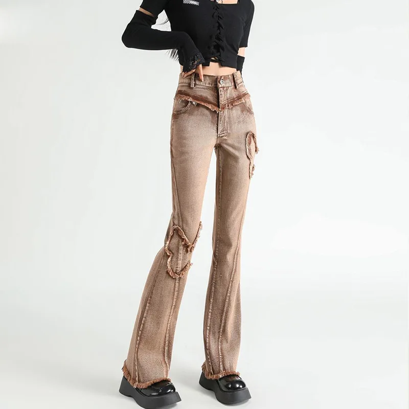 

Spring Summer Fashion Women Ripped Tassel Stretchy Flare Khaki Denim Pants , Woman Beggar Butterfly Jeans Trousers