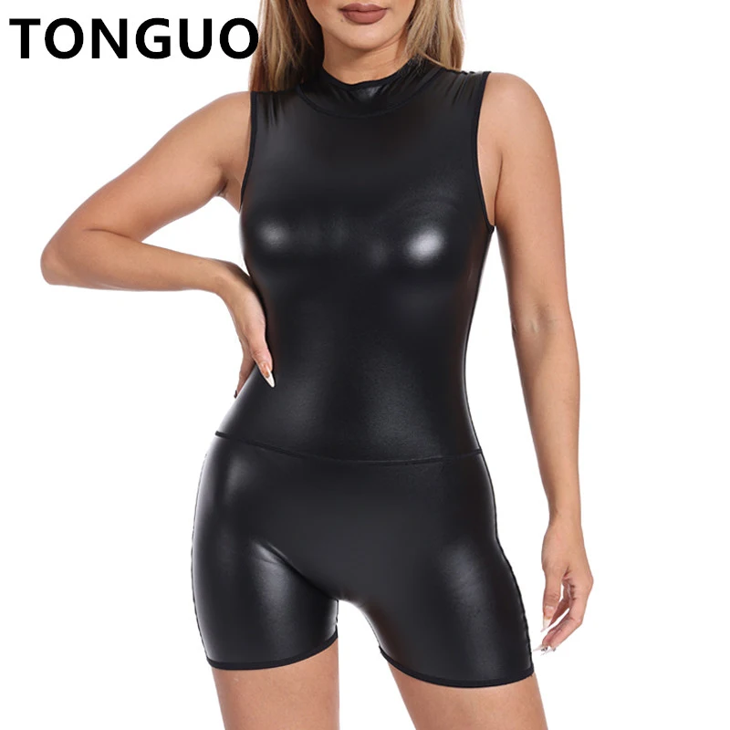 Women\'s Back Zippe Sleeveless Mock Neck Bodysuit Short Rompers Shapewear Women Faux Leather Bodysuit Jumpsuits One Piece Shapers