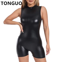 Women's Back Zippe Sleeveless Mock Neck Bodysuit Short Rompers Shapewear Women Faux Leather Bodysuit Jumpsuits One Piece Shapers