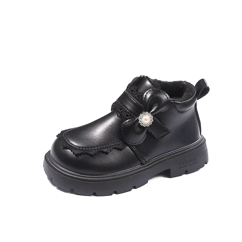 Stivali da principessa per ragazze Scarpe invernali con fiocco dolce per bambini Caldi stivali corti in cotone moda per bambini Chic bordo arricciato Versatile