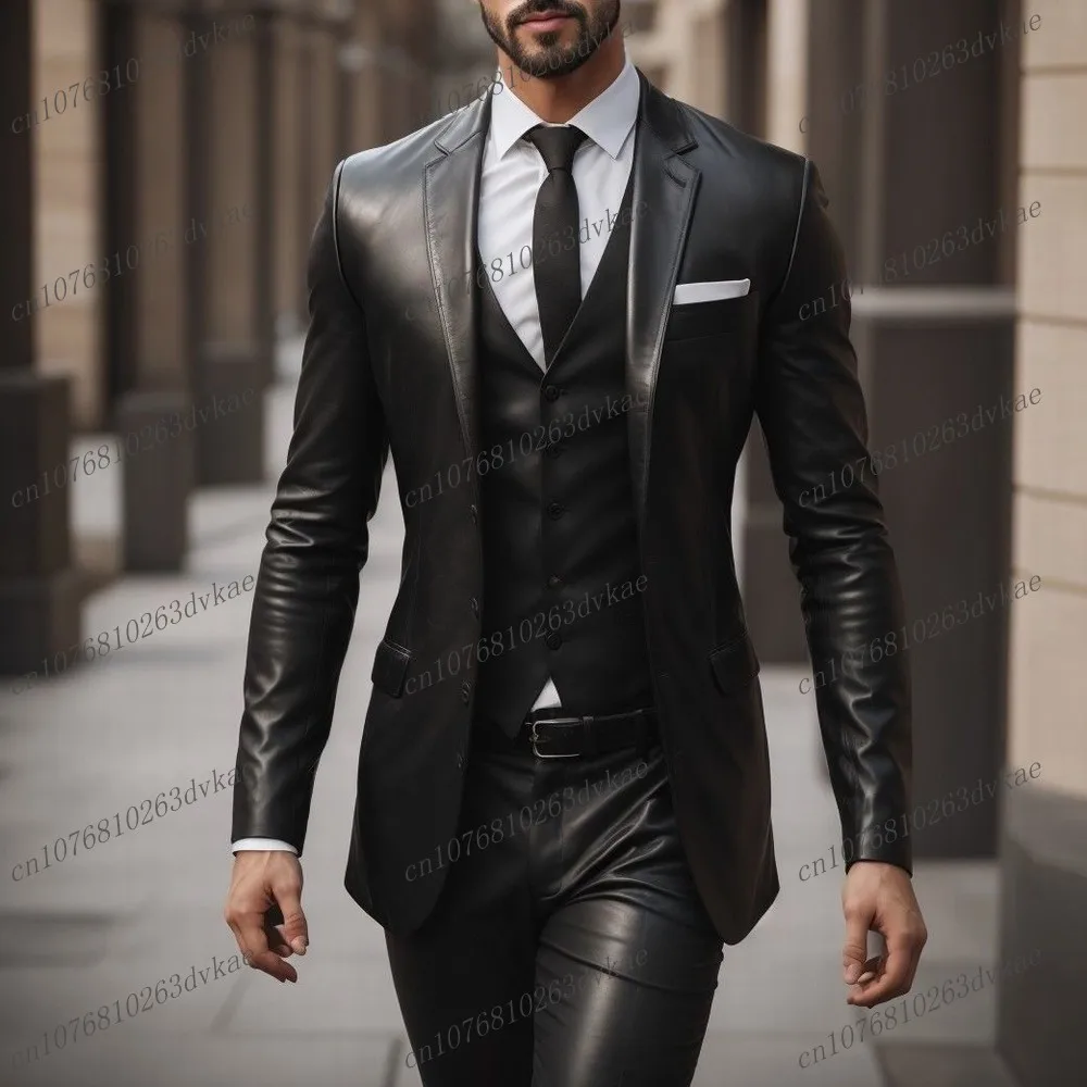 

New Black Satin Men Suit Wedding Party Formal Groom Groomsman Prom Business Male Tuxedos 3 Piece Set Jacket Vest Pants