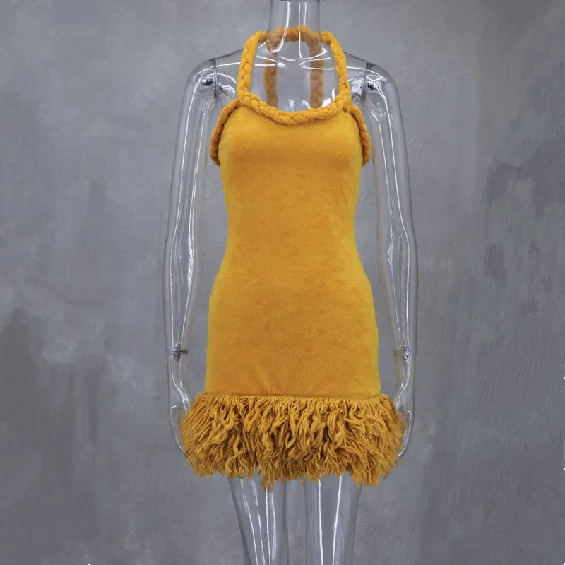 New Design Women Dress Hand Made woven Fried Dough Twists rope shoulder strap Slim Bodycon fluffy Tassel Hem Mini Dress