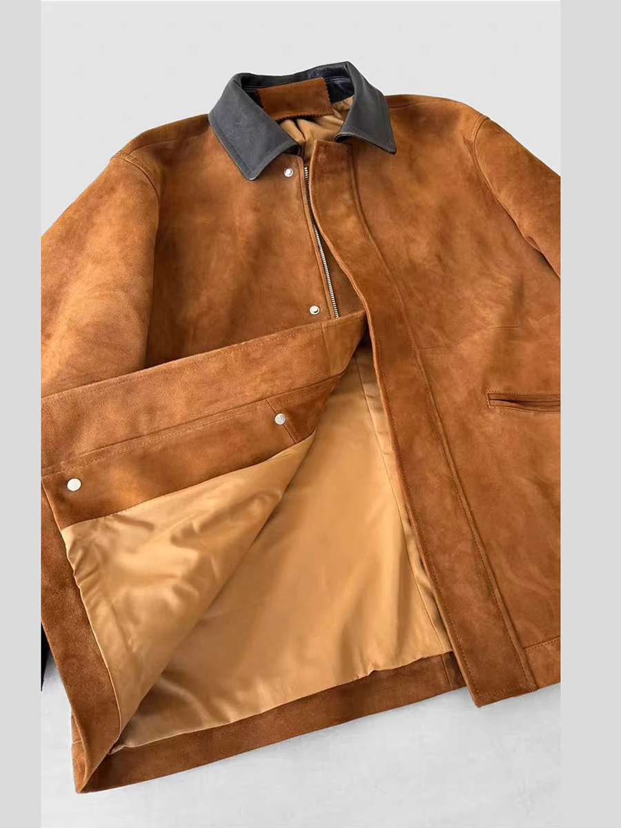 2025 레트로 양가죽 브라운 여성용 재킷 트렌디 키즈 스웨이드 코트 스트릿웨어 여성용 슈트 칼라