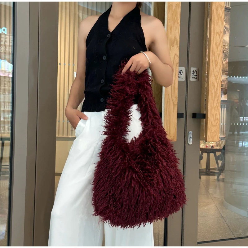 Lange, lockige, flauschige Schultertasche aus Kunstlammwolle, Y2k Mädchen Winter Weiche Plüsch-Handtasche, Damen Einfarbige Arbeits- und Pendler-Tragetasche – Detail 16