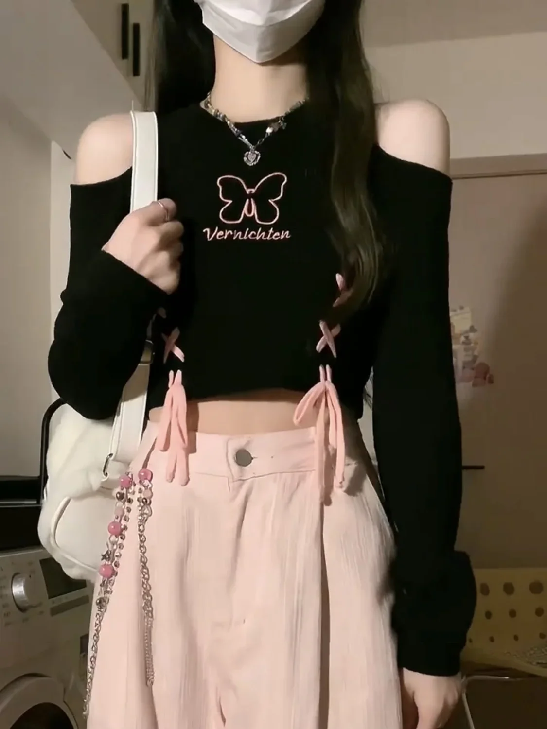 

Korea Style Spice Girls Strapless Long Sleeve T-Shirt Designed Embroidered Tie Sweet Cool Slim Unique Top Aesthetic Y2k Top