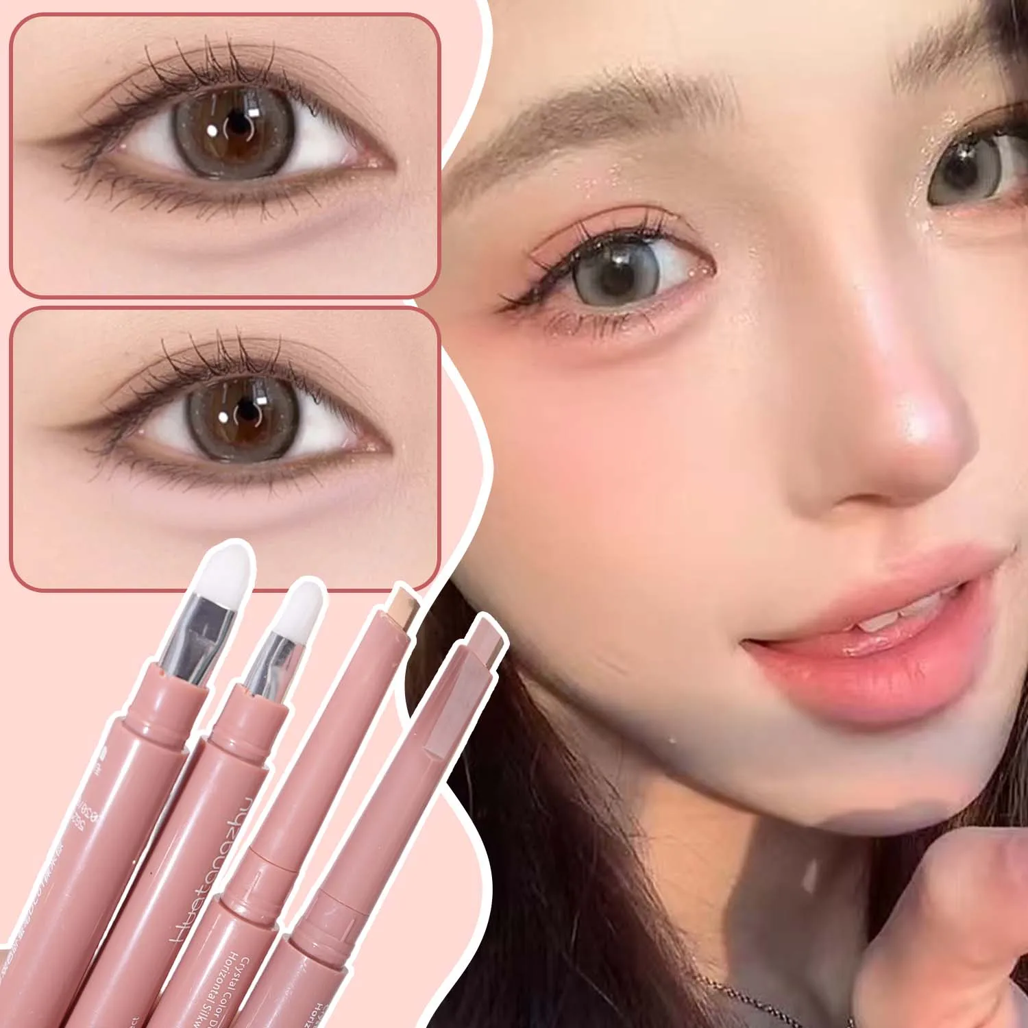 Double Ended Liggende Zijderups Potlood 2 in 1 Markeerstift Naakt Roze Bronzer Lagere Ooglid Contour Eyeliner Make-Up Stick met Borstels