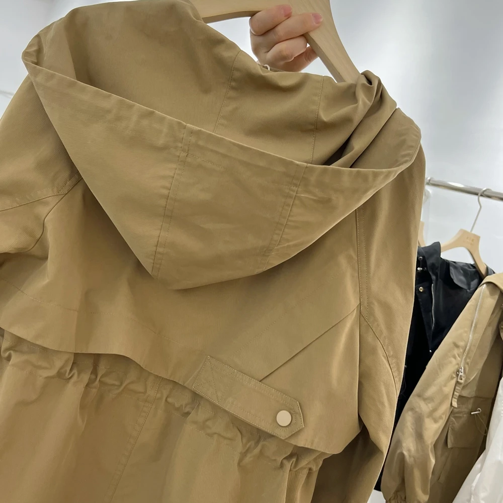 SuperAen Khaki Hooded Trench Coat for Women Spring and Autumn 2023 New High-end Korean Style Jacket and Coat