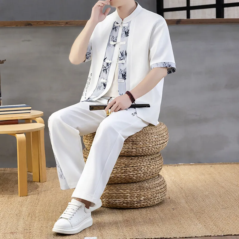 الرجال أزياء الصيف جديد تانغ دعوى عارضة النمط الصيني المطرزة قمصان بانت 2 قطعة ملابس رياضية القطن الكتان مجموعات