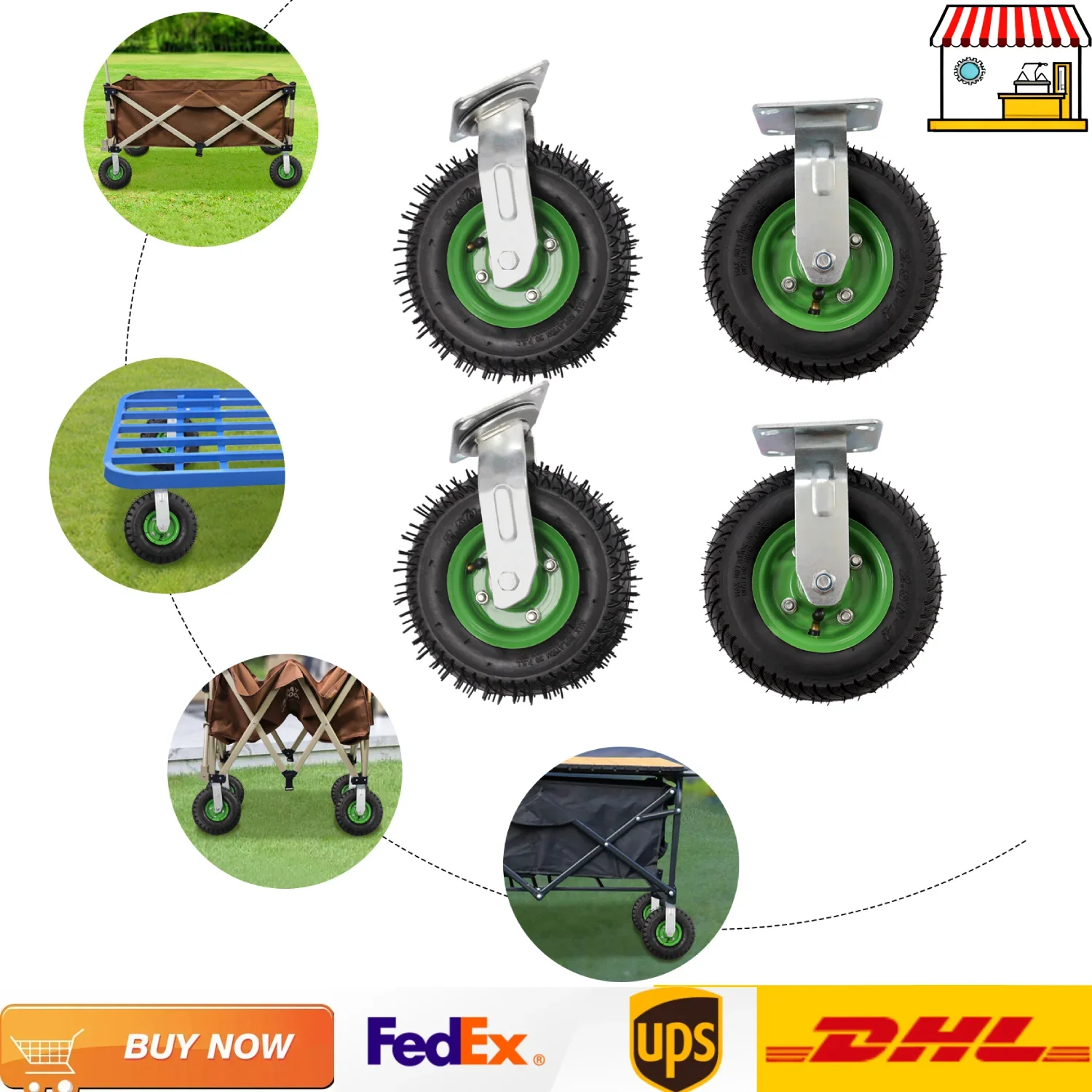 4PCS 8 inches/10 inches Pneumatic Caster Wheels Set (2 Swivel+2 Rigid Wheels) Rubber Metal Replacement Wheels 275lbs Load