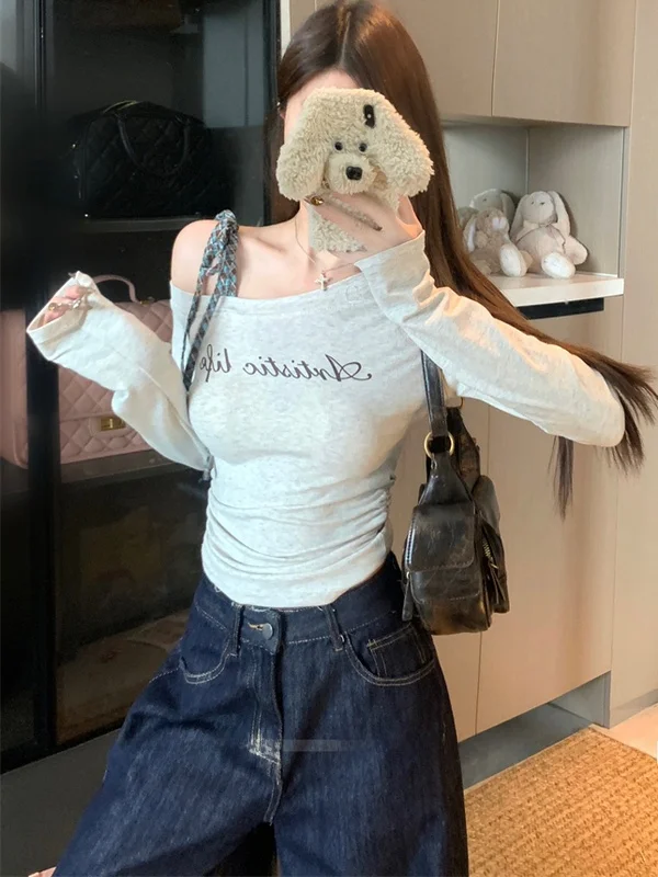 

2025 New Korean Sle Long Sve Letter T-irt Women's Summer Slim Fit Faionable Top High Waist Commute Sle