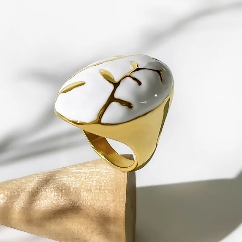 Minar Personality White Color Enamel Branch Charm Rings for Women Gold PVD Plated Stainless Steel Geometric Finger Ring