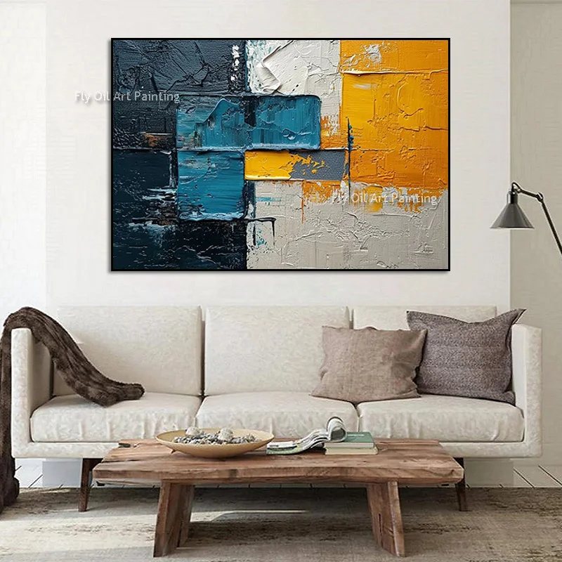 Original Hand Painted Teal Orange Patchwork Textured Artwork, Thick Relief Canvas Decor, Industrial Modern Home Wall Art