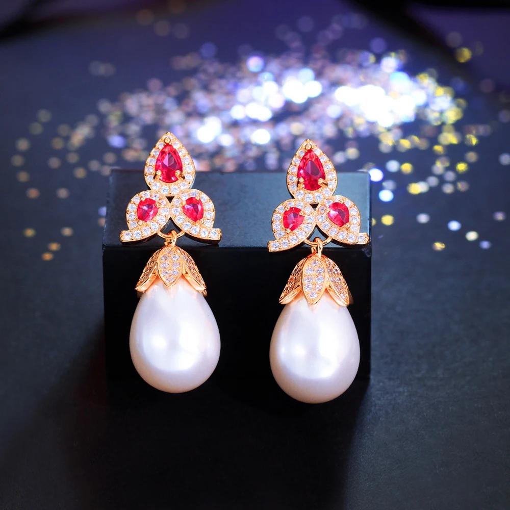 BeaQueen Vintage Gold Tone Red Zircon Dangle Earrings Teardrop Pearl Drop Earring for Women Bridal Wedding Banquet Jewelry E704