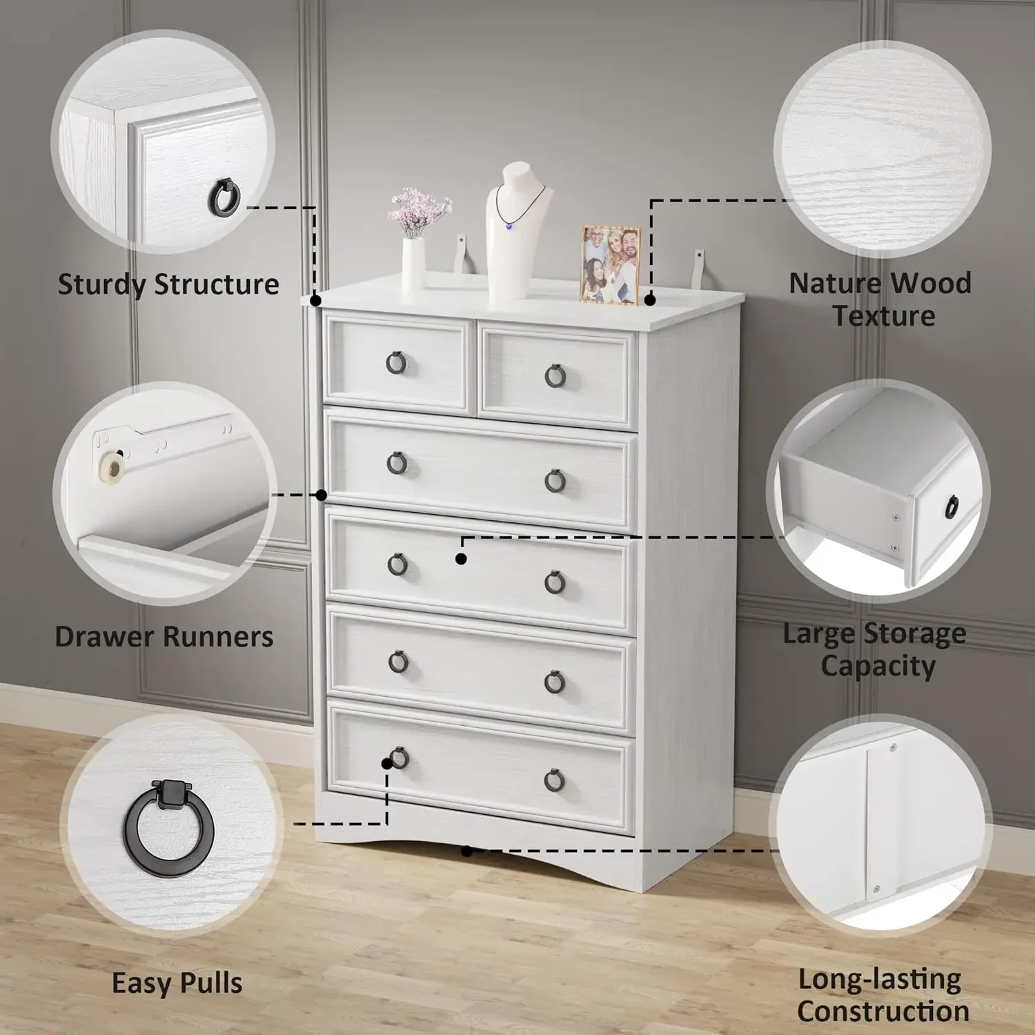 6 Drawer Dresser, Dressers for Bedroom, Tall Chest of Drawers Closet Organizers and Storage Clothes - Easy Pull Hand