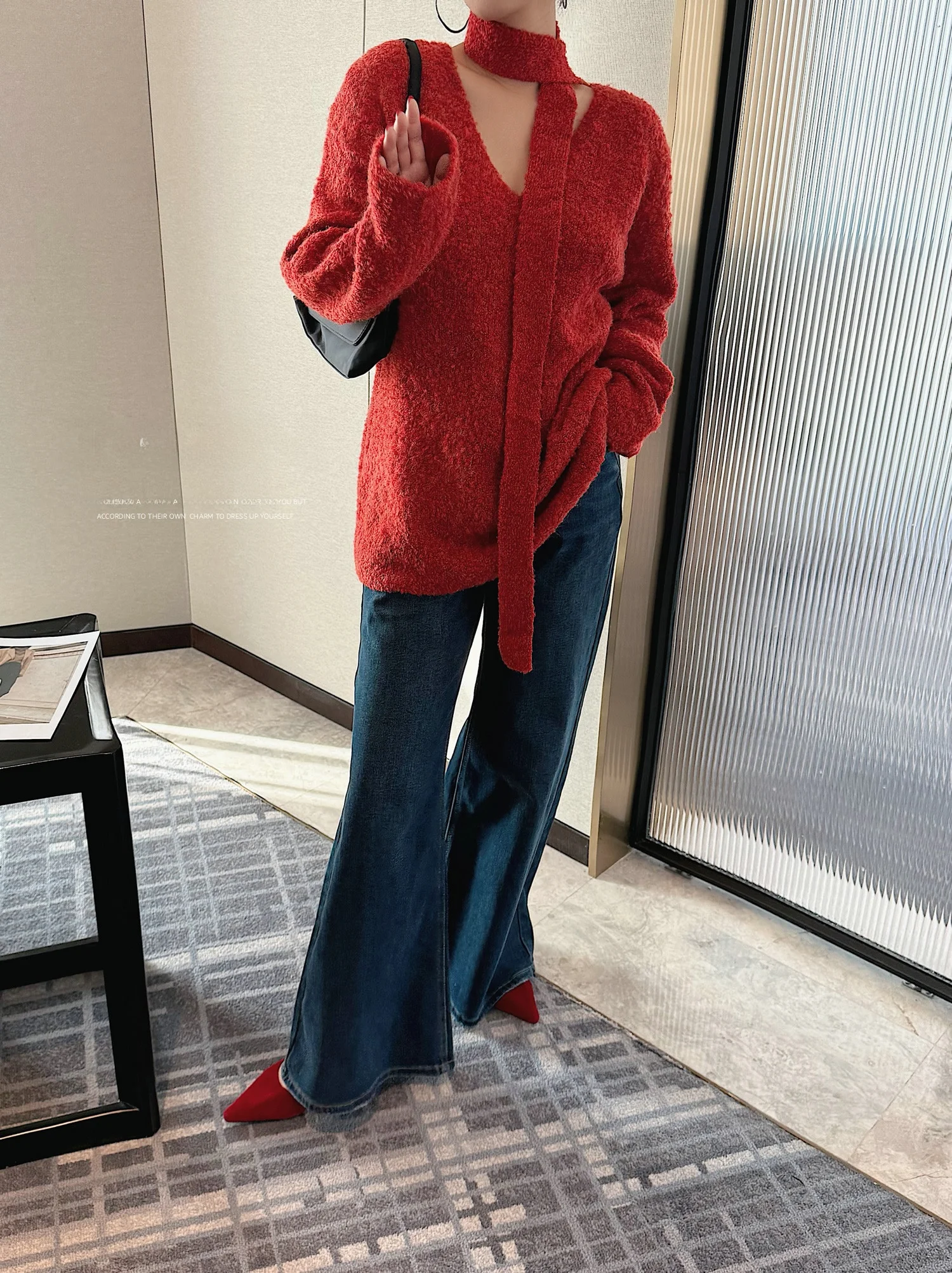 

JINGONI V-Ne Sweater Women's Loose Fit Color Overhead Casual Sle Early Spring New Arrival Slimming Trendy Sweater