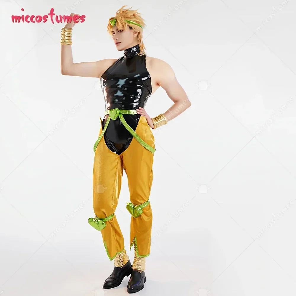 Micfigurinos-Traje Cosplay Dio Amarelo e Preto com Cocar e Braçadeiras, Conjunto Completo Unisex, Halloween