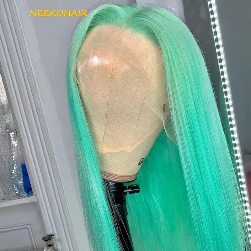 13x4 Transparent Mint Green Lace Front Wig Colored Straight 13*6 HD Lace Frontal Or 4x4 Closure Human Hair Wigs For Women