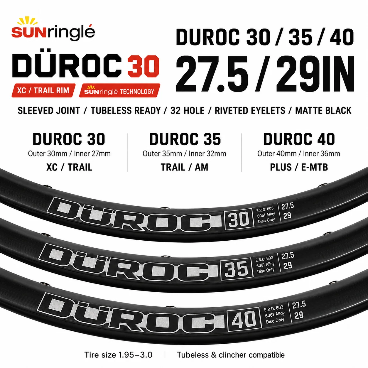 SUNRingle Duroc 30 35 40 MTB Fahrradfelge 27,5 29 Zoll Tubeless Ready 32H 6061 Aluminium-Hülsenverbindung XC Trail AM E-MTB