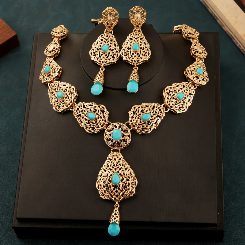 Herseygold Moroccan Trendy Neckace Set for Women Green Rhinestone Gold Plated  Zinc Alloy Bridal Jewelry Set Ethnic Wedding