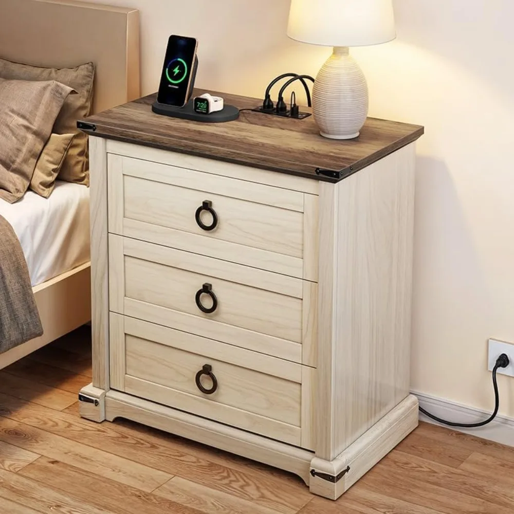 

Nightstand 3-Drawer Wooden with Built-in USB Charging Ports | Open Shelf Storage Cabinet, for Living Room, Nightstand