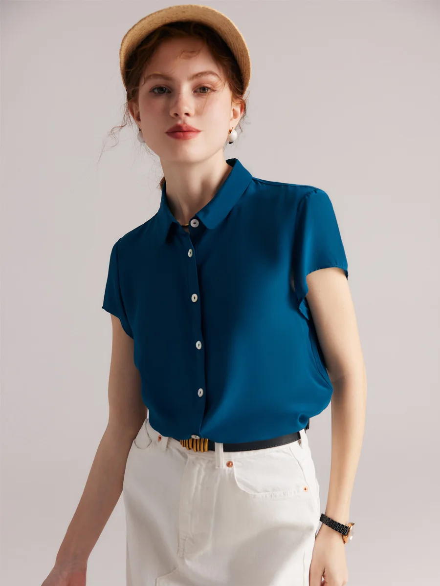 Birdtree 100% Silk Shirts Women Turn Down Collar Solid Tops Short Sleeve OL Workwear Office Blouses Summer T36526JM