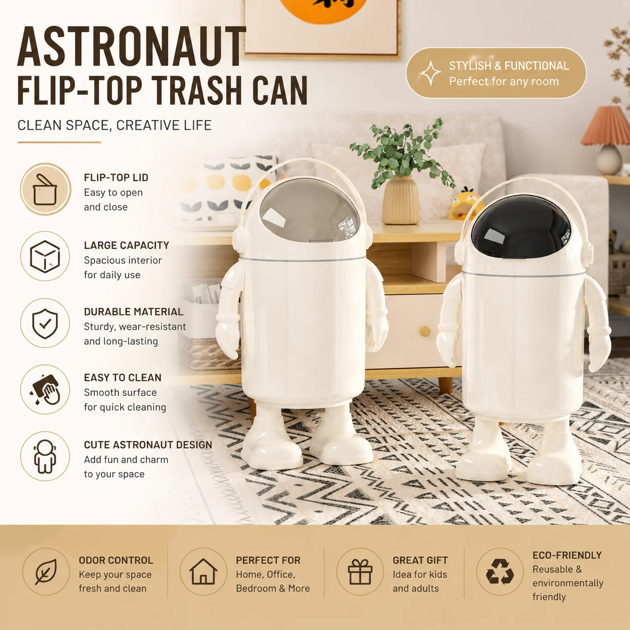

Garbage bin with high aesthetic value 2026 living room household paper basket cute cartoon astronaut bathroom storage bin