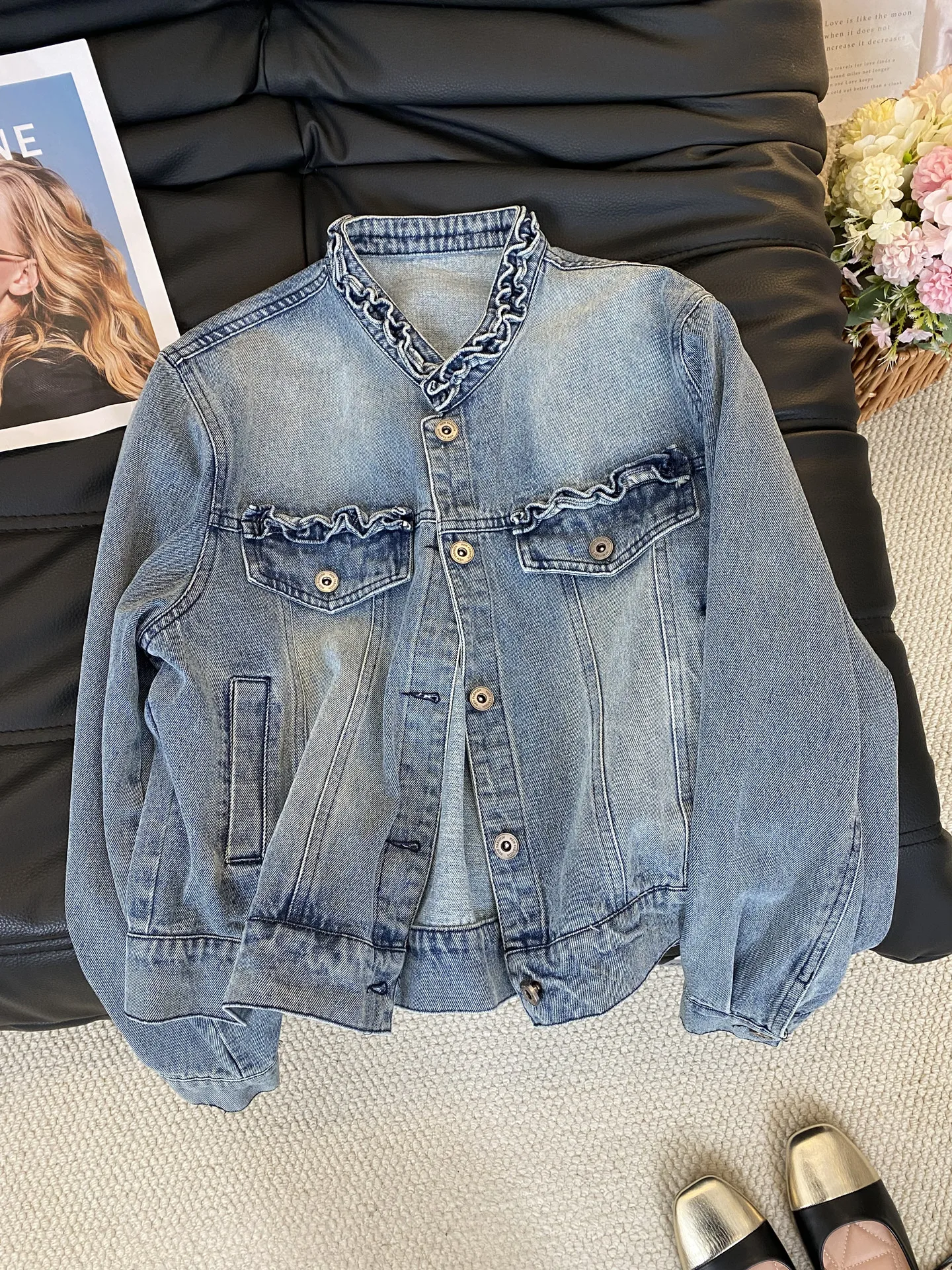 New stand up collar Denim jacket popular ear length short top Coats
