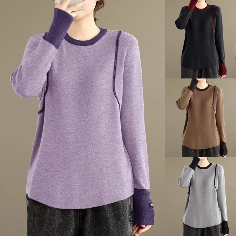 

Осенне-зимний женский вязаный пуловер, рубашка, 2025 г., повседневный свитер, круглый вырез, манжеты, цветная нижняя часть для тепла, w783