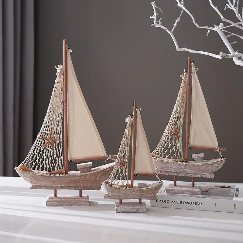American Retro Sailboat Model Mediterranean Antique Fishing Boat Decor Creative Nautical Home Ornament for Tabletop Display