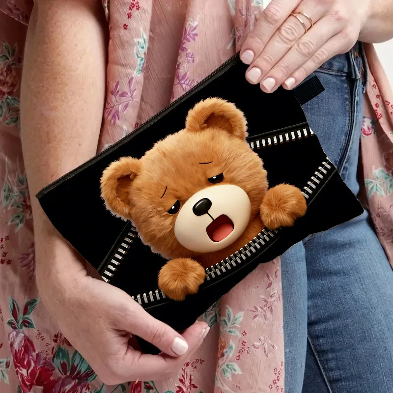 Cute Peeking Teddy Bear Print Cosmetic Bag Portable Zipper Makeup Pouch Travel Toiletry Organizer Storage Handbag For Women