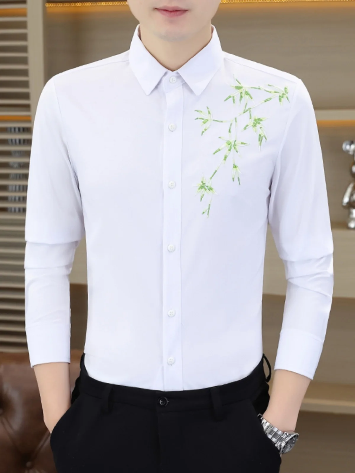 Printed Shirts Men's Long Sleeve 2024 Spring Summer Slim-Fit Trendy Male Single Row Multi-Buckle Tops Youth Fashion Casual Shirt