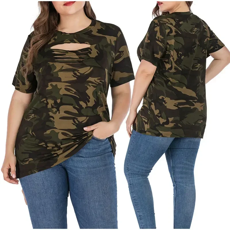 Plus Size Ripped Hollow Out Camouflage Printing Tees 3XL 4XL Women Summer Streetwear Lace Up Short Sleeve T-Shirts Tops