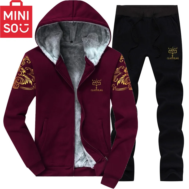

MINISO Winter Plush Thick Hoodie Set for Men, Winter Youth, Thick Hooded Jacket, Casual Sports Set, Men's Trendy Two Piece Set