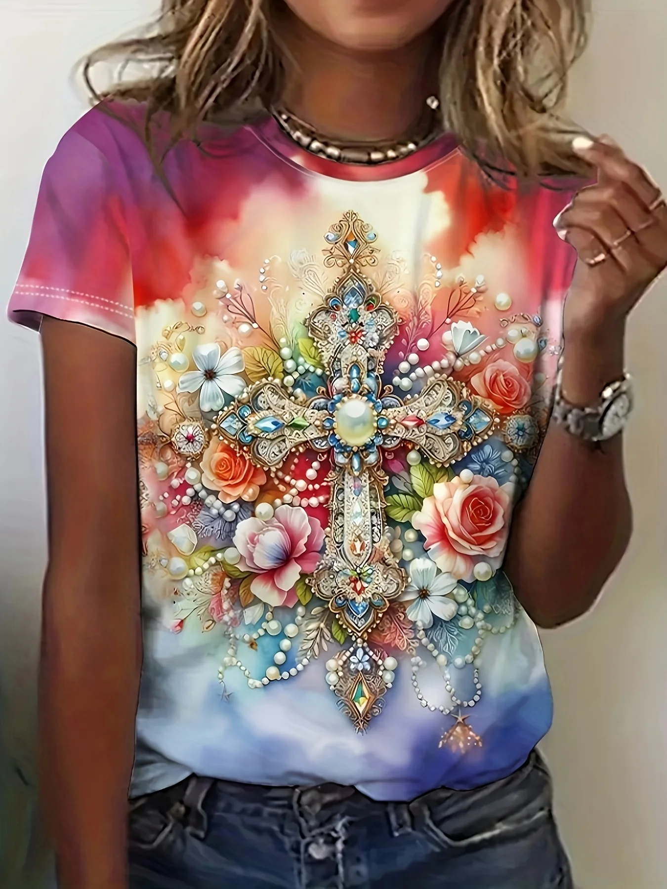 Pastel Tie-Dye Women's Tee - Ornate Jeweled Cross & Floral Graphic, Luxe Embellished Religious Design for Casual Daily Wear