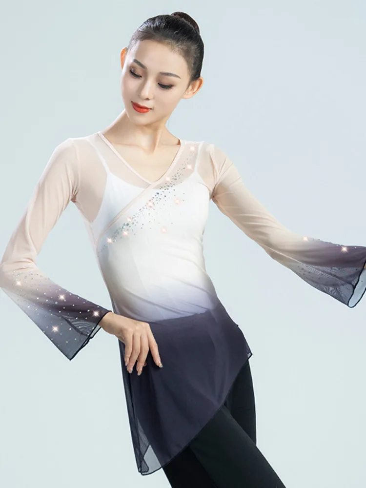 Long Sleeves Modern Dance Top Wear Halloween Costume Latin Women Mesh Line Rhinestones Ballet Ballroom Shirt Jazz Gradient Adult