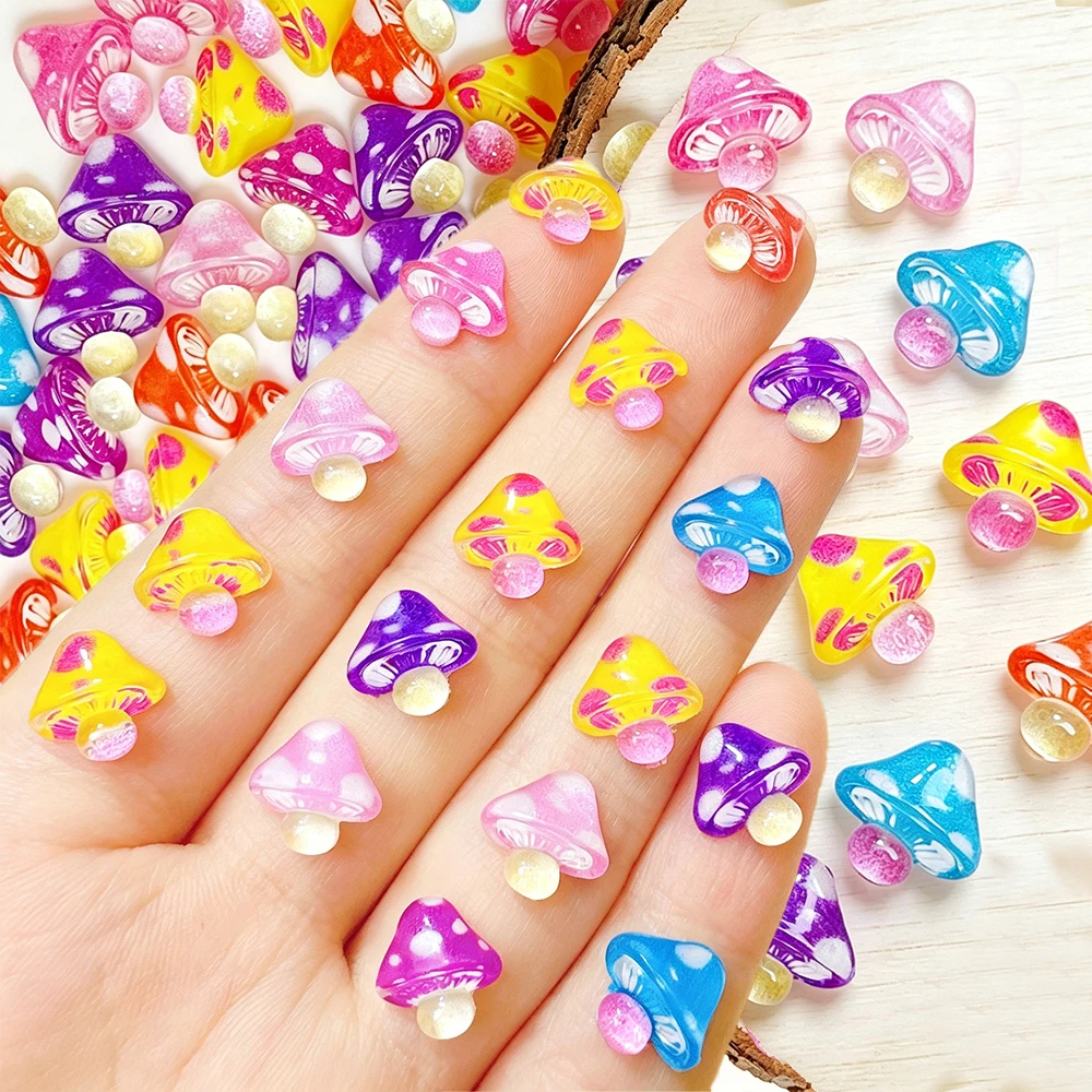 50Pcs Colorful Mini Mushroom Nail Charms 3D Cute Polka Dots Mushroom Flatback Nail Rhinestones 9*9mm Mixed Resin Nail Crafts Dec