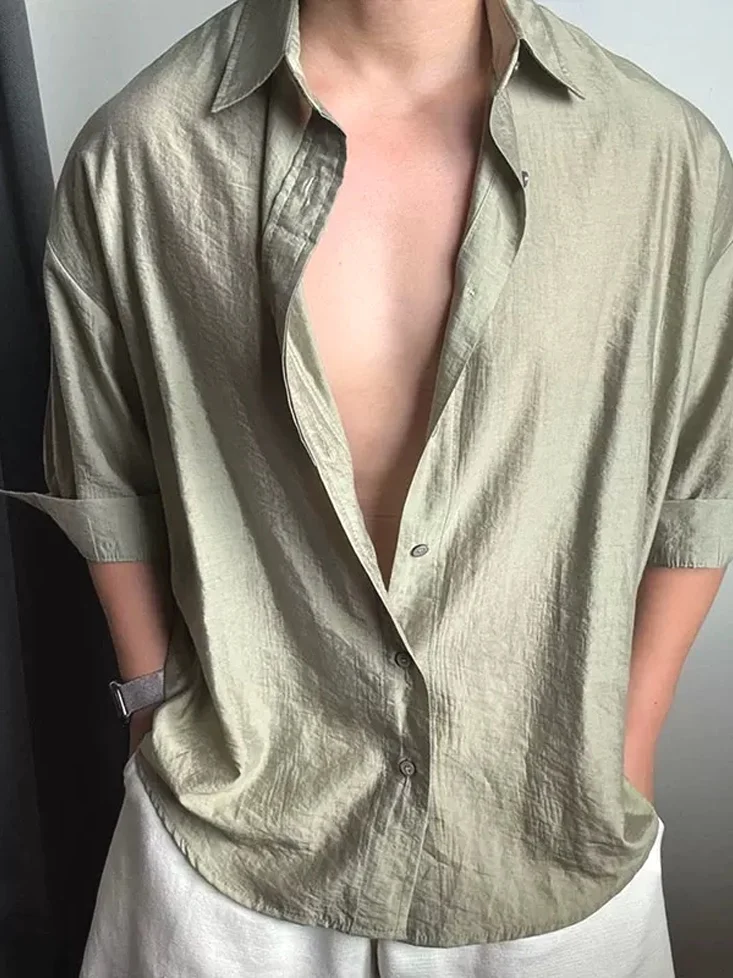 

Military Green Casual Long Sleeve Men's Cotton Linen Shirt Wrinkles Sense High Grade Slim Fit Open Cardigan Linen Work...