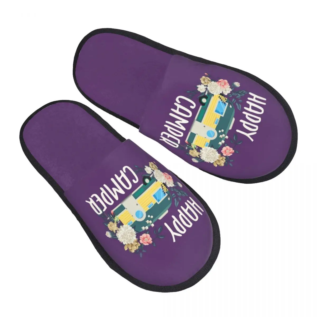 

Женские удобные теплые тапочки из пены с эффектом памяти Happy Camper и цветочным принтом, домашние тапочки для кемпинга с героями мультфильмов на колесах