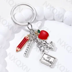 Classic Apple Pencil Ruler Enamel Alloy Keychain Good Gift Key Ring Decoration For Teachers On Teacher's Day Handmade Jewelry