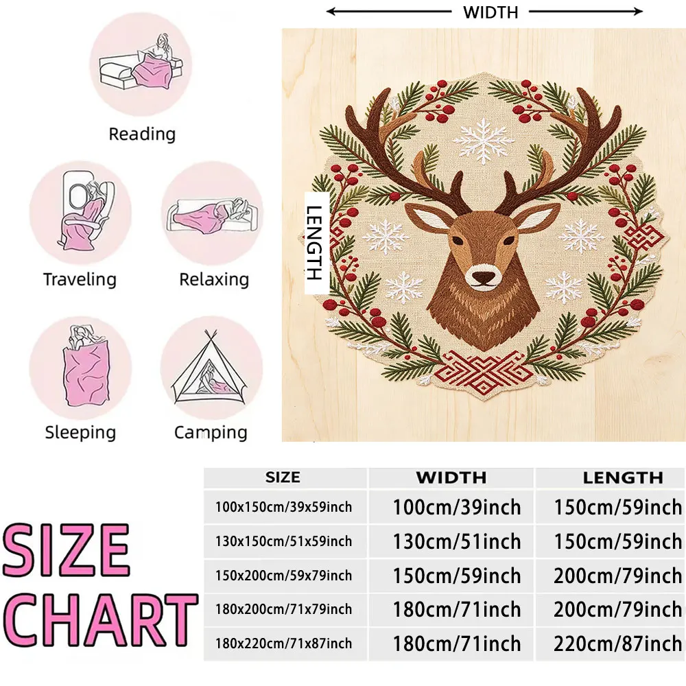 1pc Christmas Reindeer Pine Branch Berry Wreath Flannel Throw Blanket, Soft Cozy Blanket For Sofa Relaxing Nap Break, Ideal H