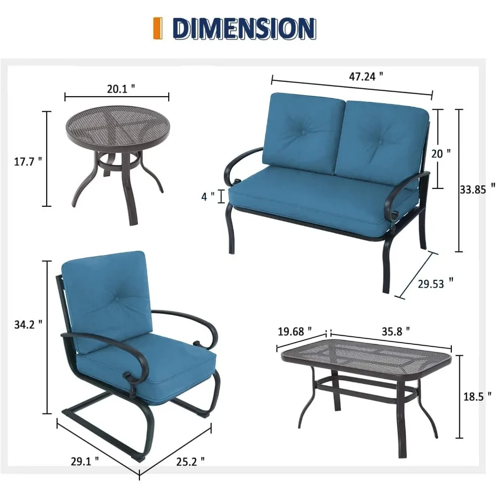 5-piece metal wrought iron patio furniture set (two-seater, coffee and bistro table, 2 spring chairs) with back cushions