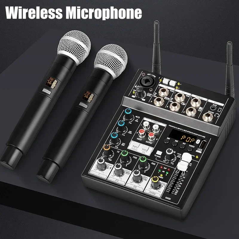 Wireless Microphone with Audio Mixer 4 Channels Karaoke Bluetooth Mic DJ for Studio TV Computer Home Party Show Church Wedding
