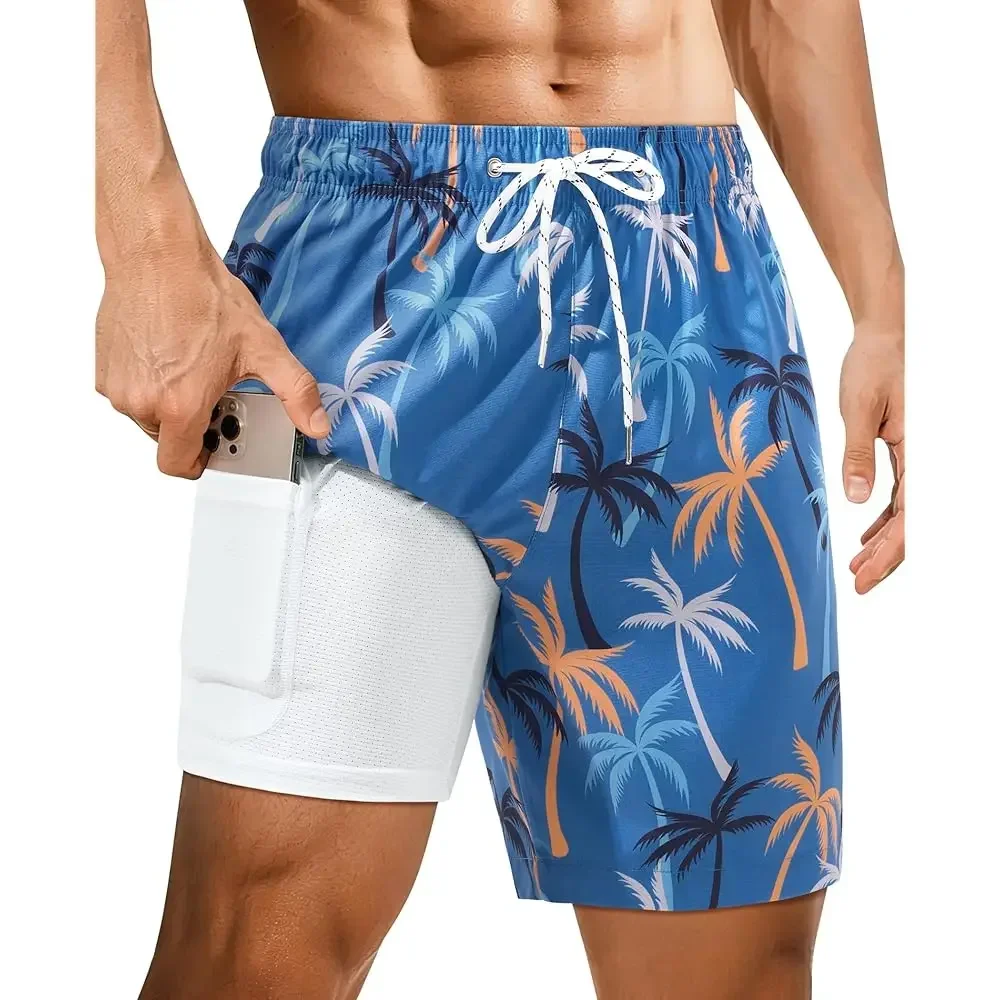 

7inch Mens Swim Trunks with Compression Liner Mens Bathing Suit Zipper Pocket Quick Dry Stretch Palm Tree Leaf 2in1