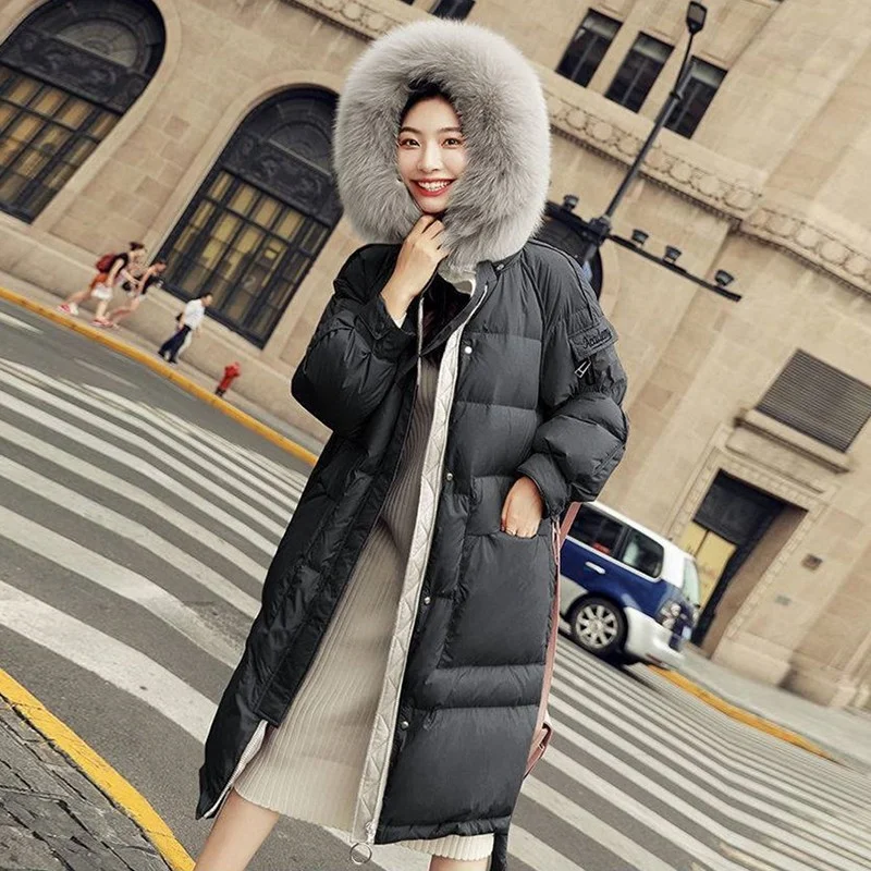 고급 여성용 중장기 겨울 패션 트렌드 대형 사이즈 루즈핏 무릎 길이 화이트 덕다운 재킷 후드 예쁜 코트