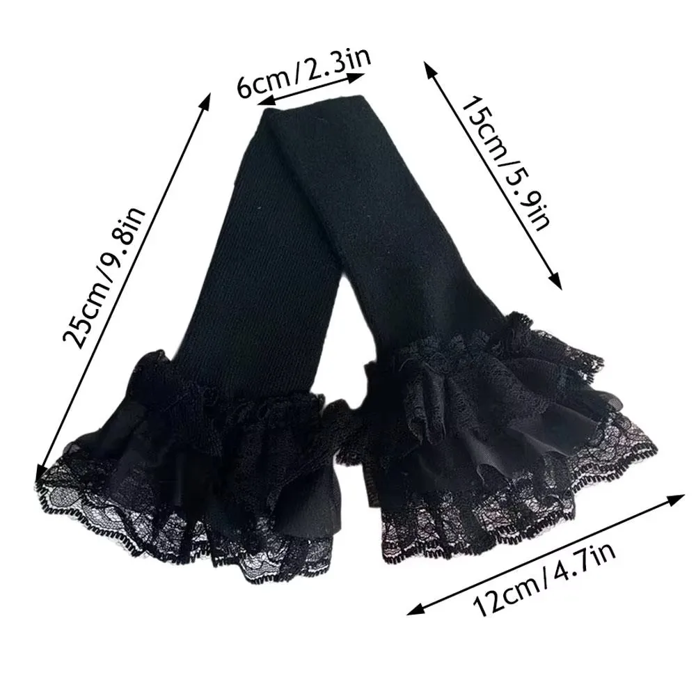 1 Paio di Maniche Lunghe alla Moda con Patchwork, Ricamo in Pizzo e Volant, Elastiche, Nere e Bianche, per Donna
