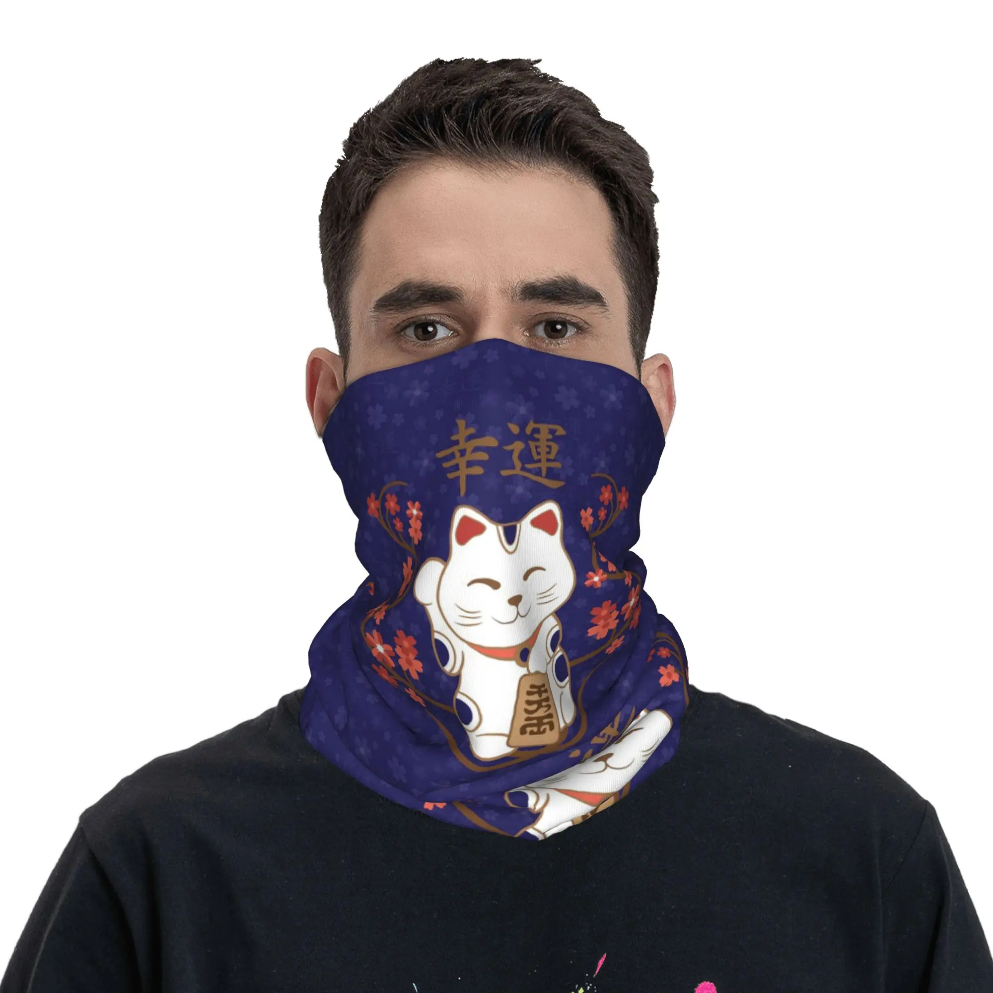 Maneki neko cat with good luck kanji Bandana Neck Gaiter Printed Face Scarf Balaclava Running Unisex Adult Winter
