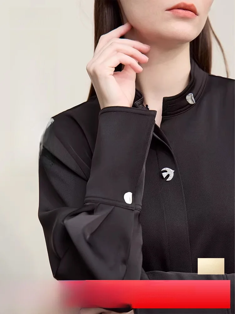 

Женская блузка Ele Commuter Sle, миди-длина, атласная, с воротником-стойкой, длинными рукавами, на пуговицах, однотонная, модная, весенняя новинка